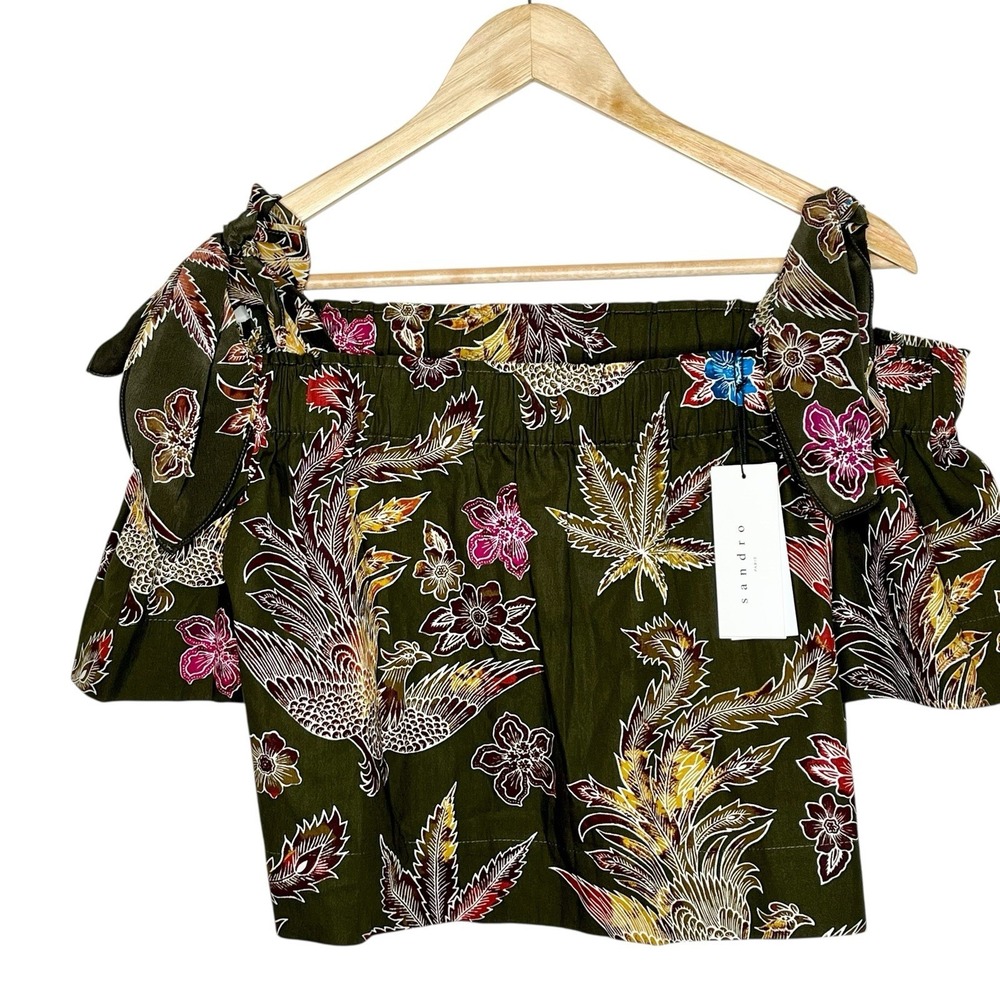 Sandro Paris Off The Shoulder Tropical Floral Print Top Green Womens Size L 3